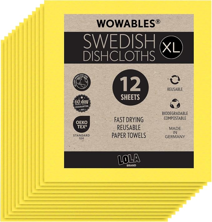 Swedish Dishcloths for Kitchen XL, 12 Sheet Roll, Biodegradable & Compostable, Reusable Paper Towel Cleaning Cloths, 11" x 10", No Odor, Washing Dishes, Ultra Absorbent Cellulose Sponge Towel, By LOLA by LolaProducts