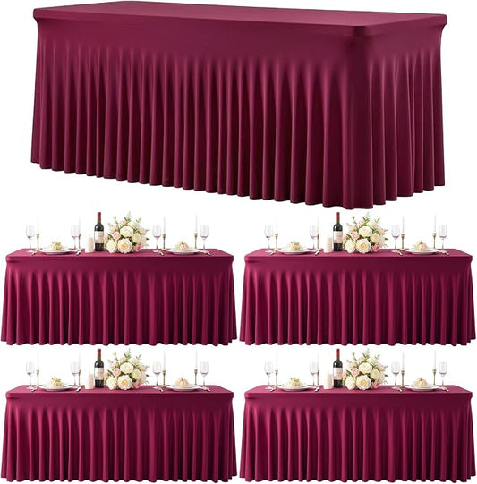 Besutolife 4 Pack Burgundy Table Cloths for 8 Foot Rectangle Tables, Wrinkle Free Fitted Spandex Table Covers 8ft, Stretch Tablecloth with Skirt for Wedding Birthday Banquet Parties by Besutolife