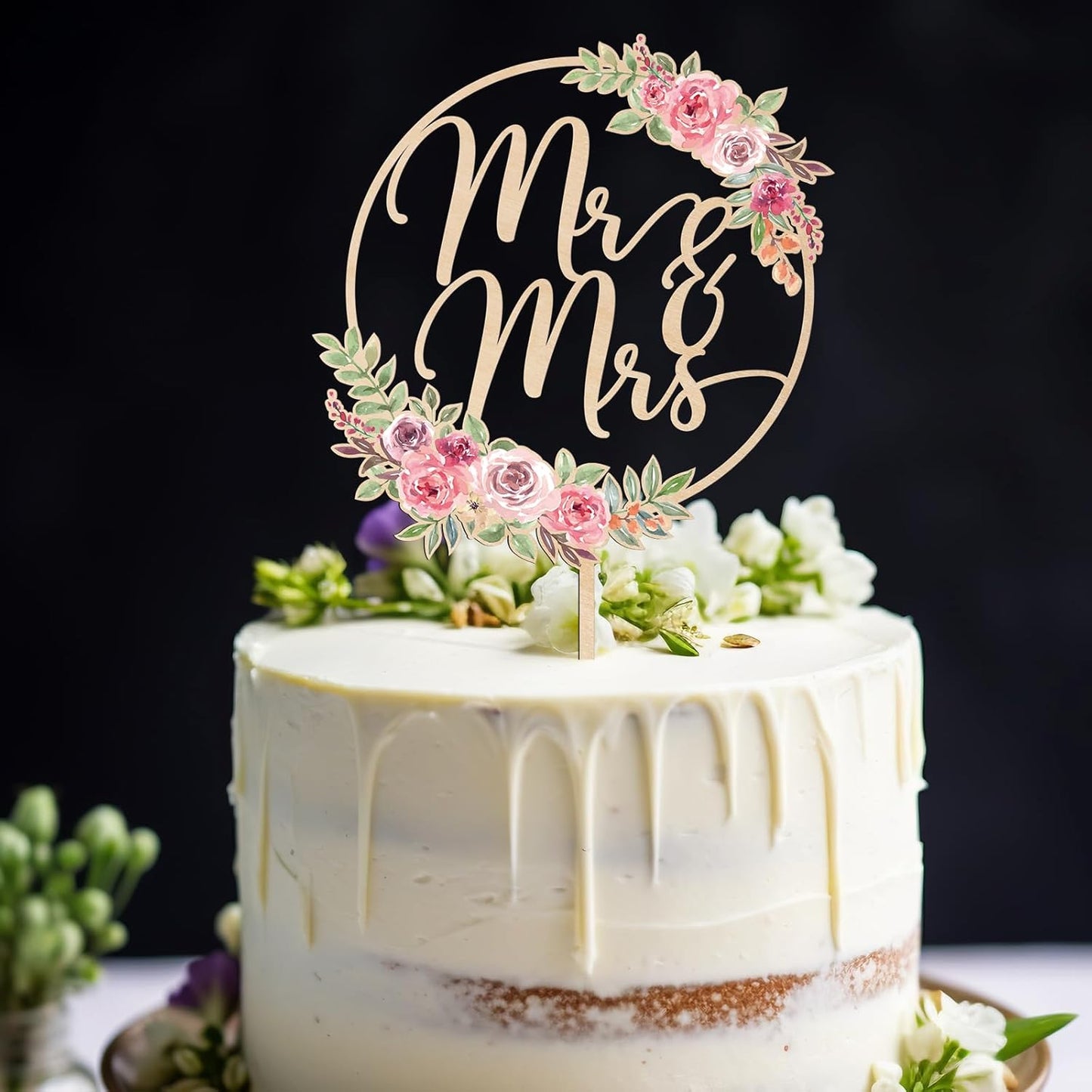 Mr & Mrs Cake Topper Floral Wedding Cake Topper in Wood (Design 01)