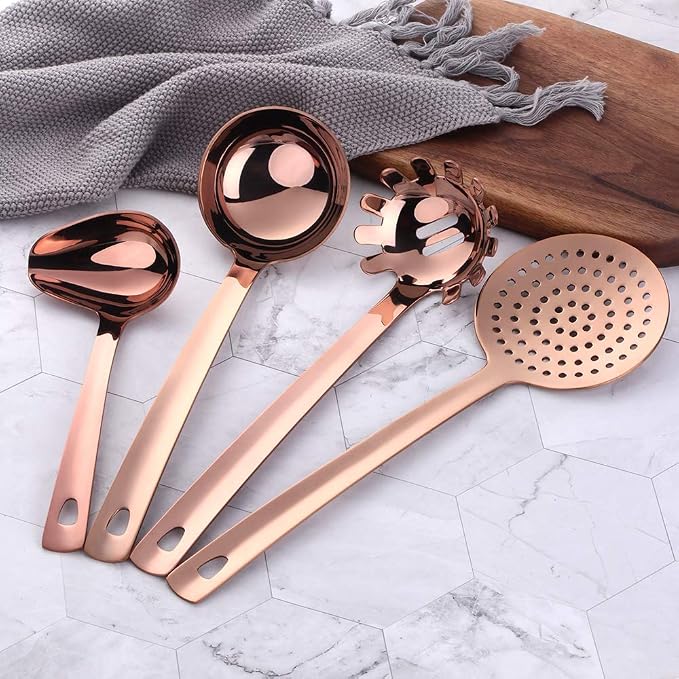 12 Pcs Cooking Utensil Set, Stainless Steel Rose Gold Titanium Plated Cookware Sets with Public Fork/Spoon, Cake Shovels, Spatula, Ladles, Solid Spoon, Slotted Spoon, Pasta Server, Kitchen Tool Gadget - Image 2