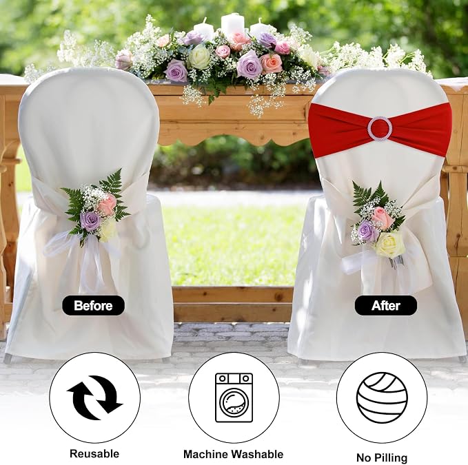 Red Chair Sashes 50 Pack Spandex Stretch Chair Band Sashes with Buckles for Folding Chairs Wedding Party Reception Baby Shower Events Banquet Decorations - Image 4