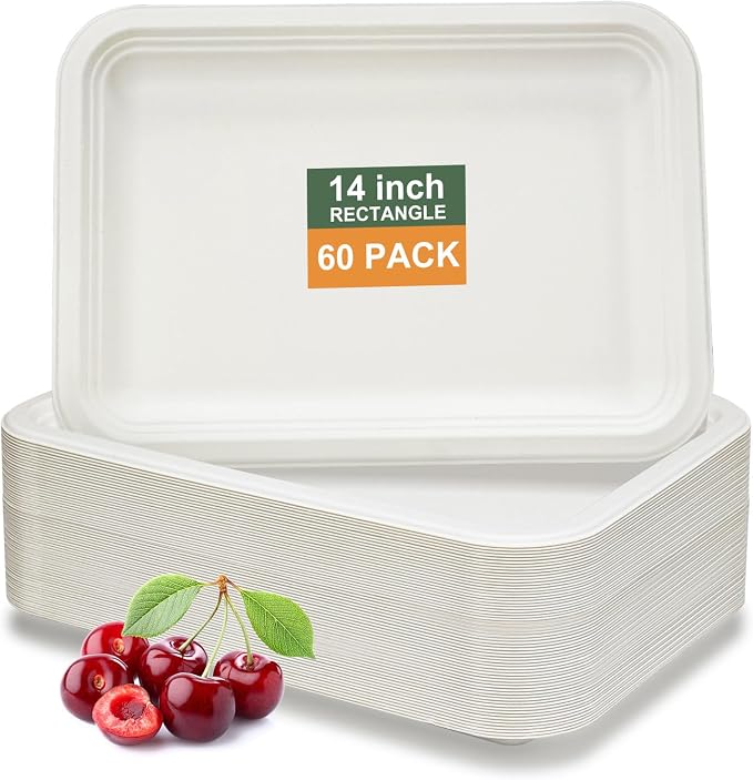 60 Pack Compostable Paper Plates, 14 Inch Heavy-Duty Bagasse Trays | Microwave & Freezer Safe, Biodegradable, Water & Oil-Resistant, Disposable Paper Plates for Birthday Weddings Parties BBQ by BangShou