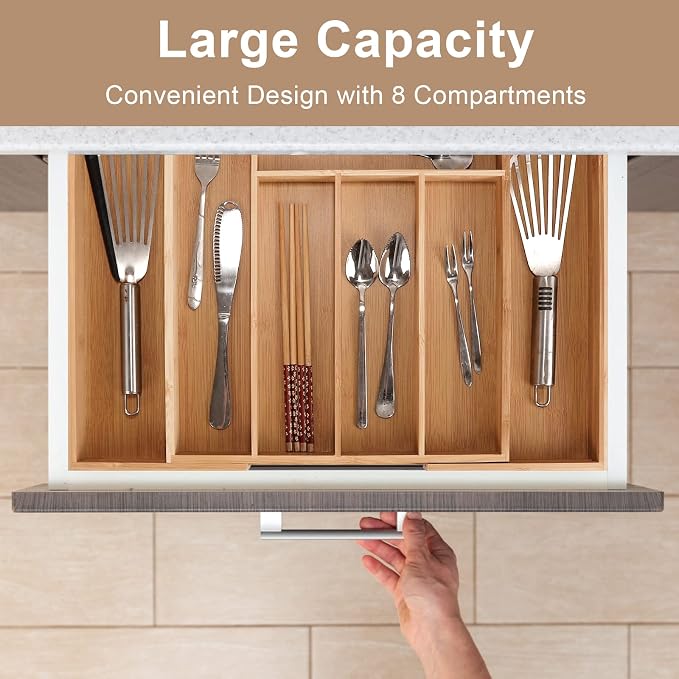 Bamboo Cutlery Tray, Adjustable Drawer Insert with 6 to 8 Compartments, Expandable Cutlery Organiser and Cutlery Tray, Organiser for Kitchen Utensils and Cutlery - Image 3