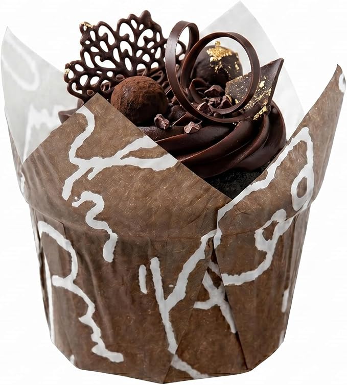 Restaurantware-Premium 1.2-oz Baking Cups: Regular-Tulip Paper Baking Cups Perfect for Muffins, Cupcakes or Mini Snacks - Brown Chocolate Wisp Print Design - Disposable - 200-CT - Image 6