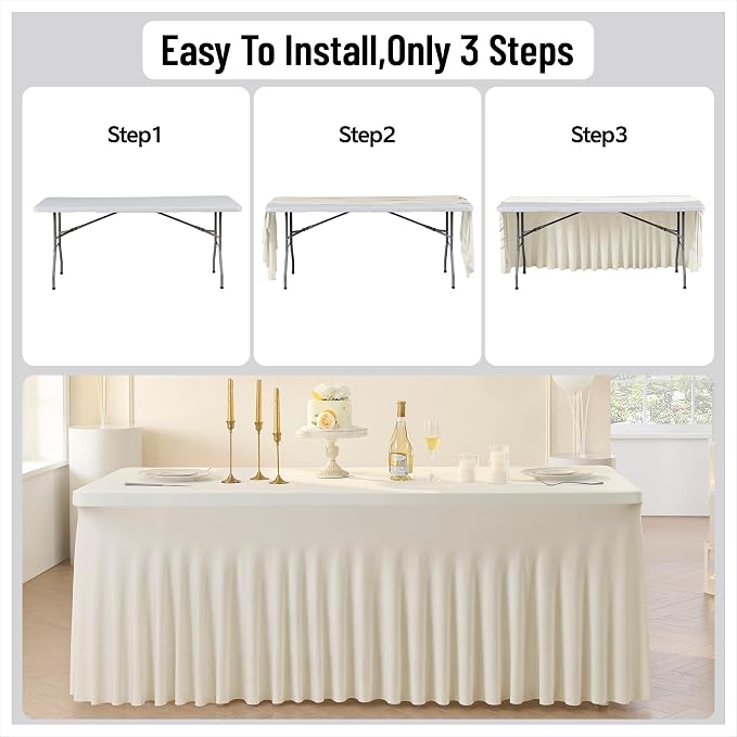 Leegleri 6 Pack Ivory Spandex Table Clothes for 6ft Rectangle Tables, Wrinkle Free Fitted Tablecloths for Parties, Weddings, Banquets, Baby Showers - Image 7