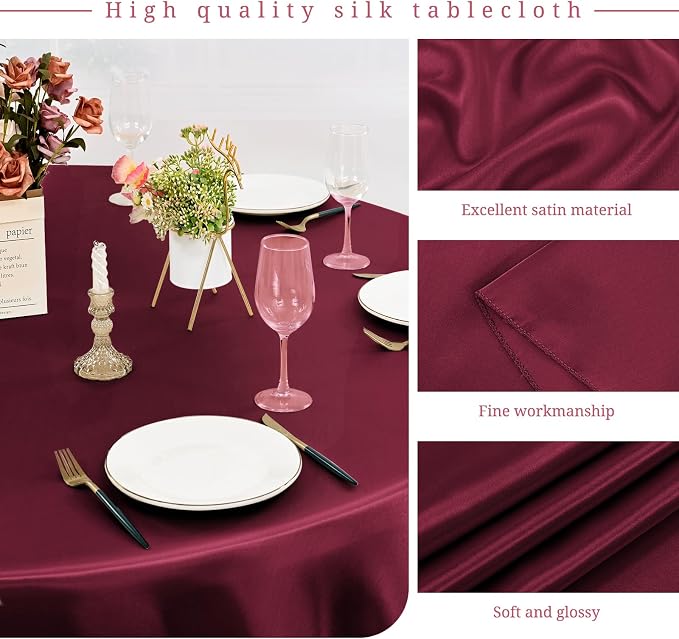 12 Pack 120 Inch Round Satin Tablecloth, Burgundy - Image 3