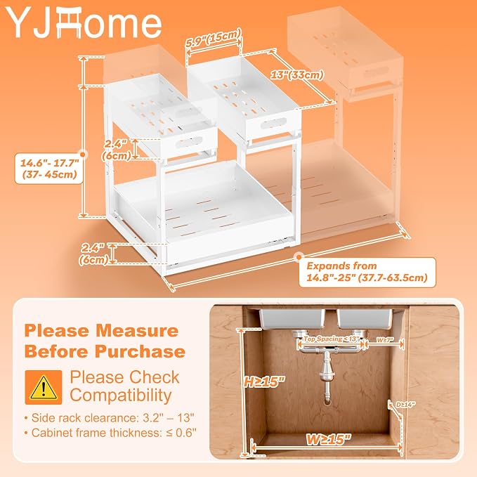 Upgrade 1 Pack Expandable Under Sink Organizer: 2-Tier Pull Out Cabinet with 3 Heavy-Duty Ball-Bearing Slide Rails, Tool-Free Height Adjustable, Slide-Out Drawers for Kitchen, Bathroom, Laundry - Image 8