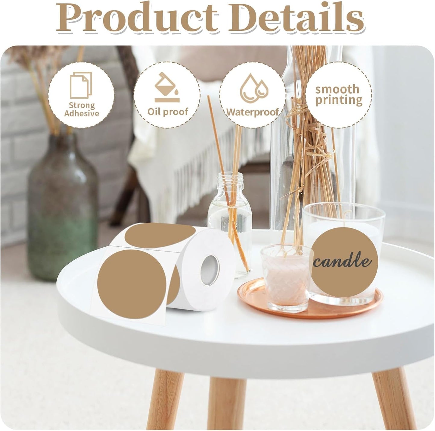 Thermal Label,3 Inch Brown Round Thermal Printer Sticker,Self-Adhesive Round Direct Thermal Labels,Thermal Stickers for DIY Logo Design,Name Tag (300 Labels/1 Roll)