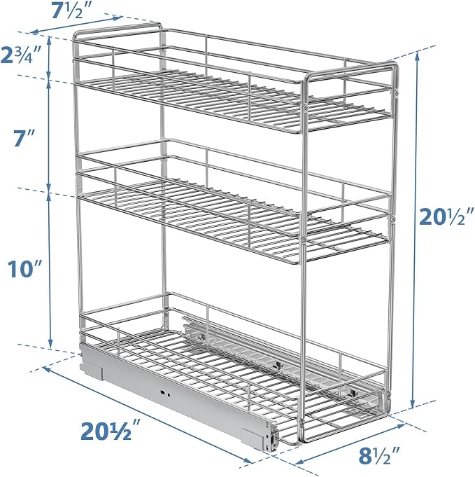 ROOMTEC Pull Out Spice Rack for Narrow Cabinet (8½" W X 20½" D),3 Tier Slide Out Cabinet Organizer and Pull Out Shelves Under Cabinet Storage for Kitchen, Chrome - Image 5
