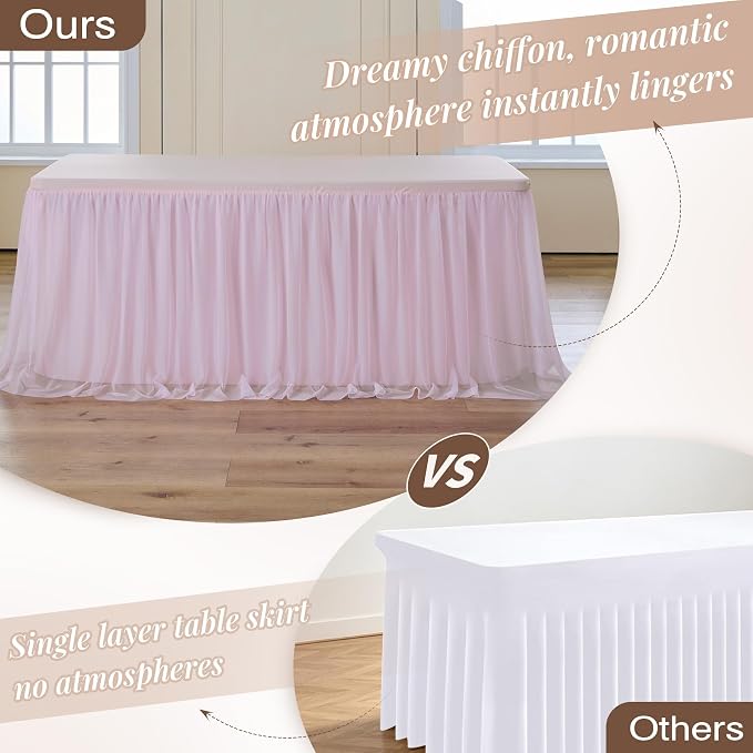 CO-AVE 6pack Pink Tulle Tablecloth for 6ft Rectangular Tables, 2-in-1 Elastic Stretch Spandex Cover with Tutu Ruffle Skirt, Wrinkle Free for Wedding, Birthday, Banquet, Buffet, Bridal Shower - Image 9