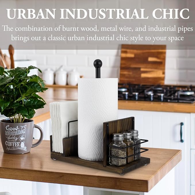 MyGift Wood Paper Towel, Napkin, Salt & Pepper Holder Caddy, Black Metal - Image 2