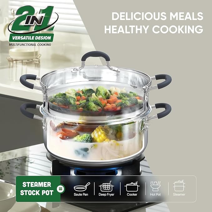Sunhouse: 2-Tier Stainless Steel Steamer Pots - 3.1 Quart - Tempered Glass Lid, 3-Ply Bottom, Vegetable-Dumpling-Food Cookware, Dishwasher & Oven Safe - Image 2