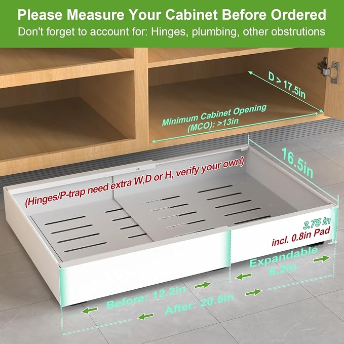 ANTOWIN 2-Pack Expandable Pull Out Cabinet Organizer 16.5"Deep(12.2"-20.5"W), 3 Full Extension Glides Slide Out Drawers, Roll Out Shelves Adhesive Raising Pad,Compatible Framed Cabinets,90lb Cap,White - Image 2