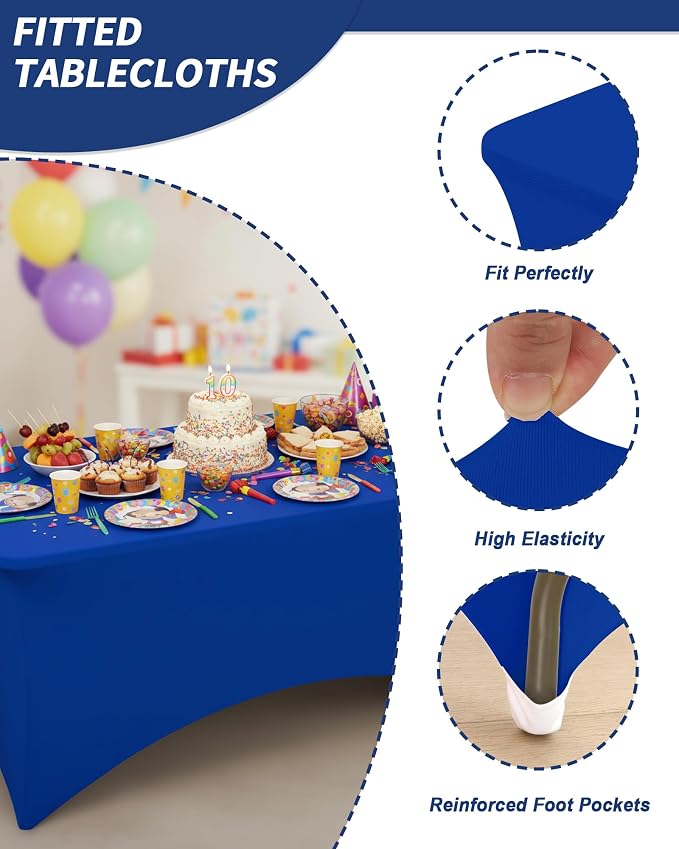 Fixwal 6 Pack 6FT Royal Blue Tablecloth Rectangle Spandex Table Cover - Image 4