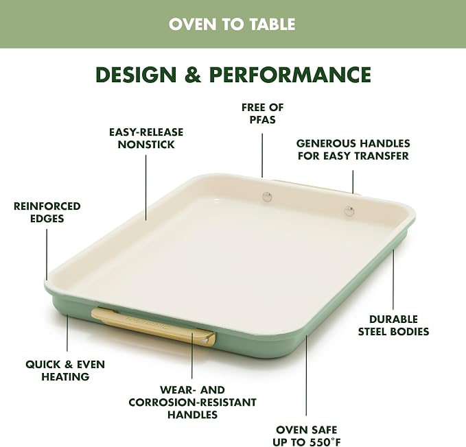 GreenPan Bakeware 13" x 9" Quarter Sheet Pan, Ceramic Nonstick Baking Pan, PFAS & BPA Free, Gold Handles, Durable Steel, Versatile & Space Saving Ovenware, Freezer to Oven Dish, Sage Green - Image 4