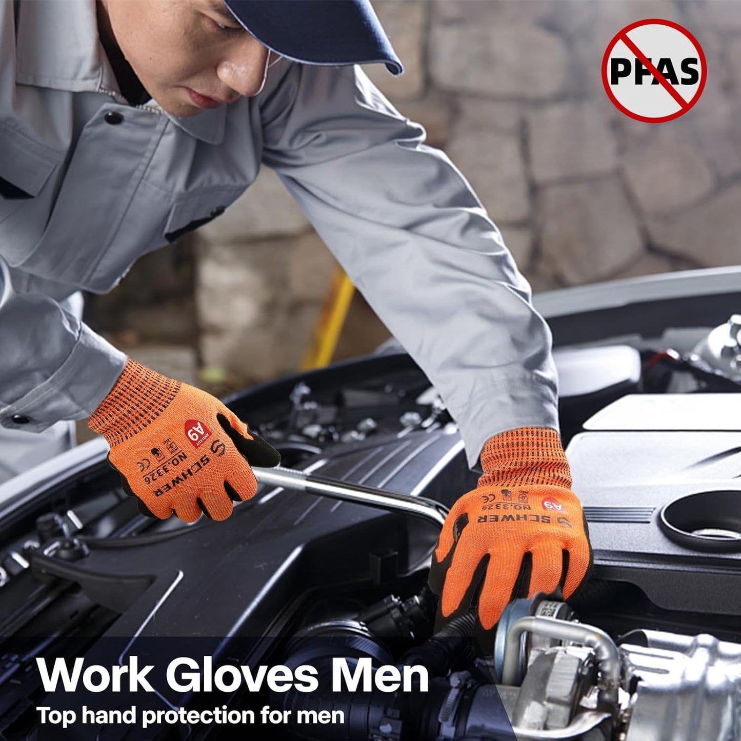 Schwer ProGuard Highest Level Cut Resistant Work Gloves PR3326 for Extreme Protection, ANSI A9 Cut Gloves with Reinforced Thumb, Non Slip, Non PFAS, Durable, Touch-screen, Orange 2 Pairs（M）