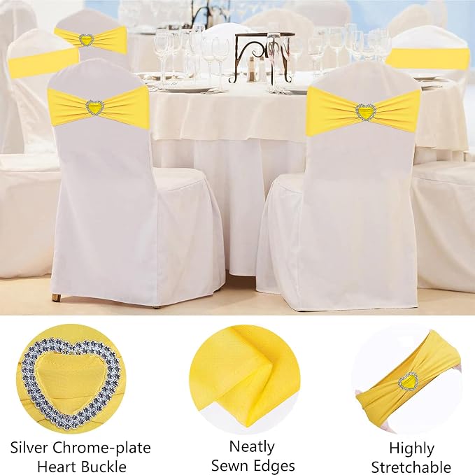 Yellow Chair Sashes 50 Pack Spandex Yellow Sashes for Chairs Covers Universal Stretch Chair Sashes Band with Heart Buckle Slider Sashes Bows for Wedding Banquet Party Decorations - Image 3