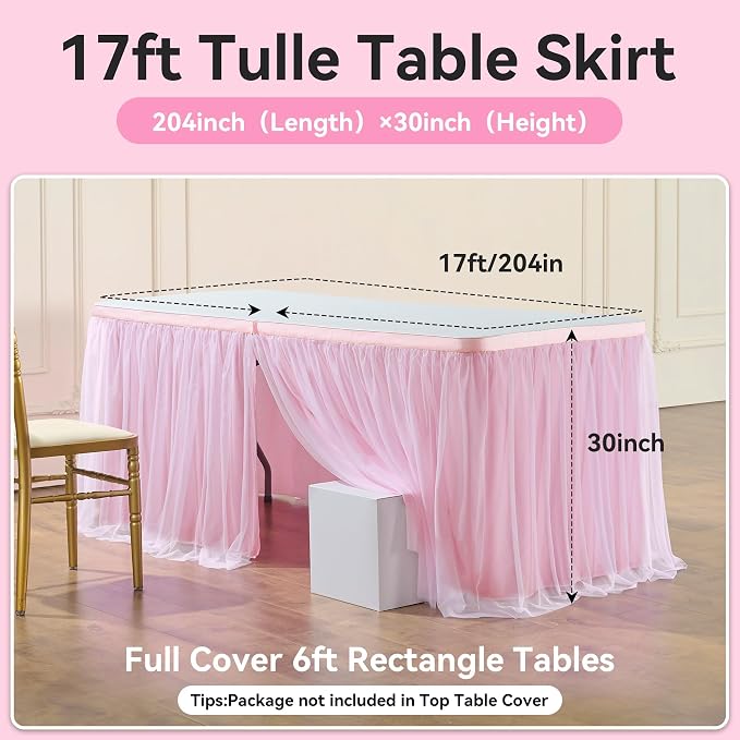 204in Baby Pink Tulle Table Skirts for Rectangle Tables 6ft 8ft, 2-Layer 17 ft Long Gold Grim Princess Pink Ruffle Tulle Tutu Table Skirt Cloth for Girl Birthday Baby Cake Dessert(No Table Cover) - Image 5