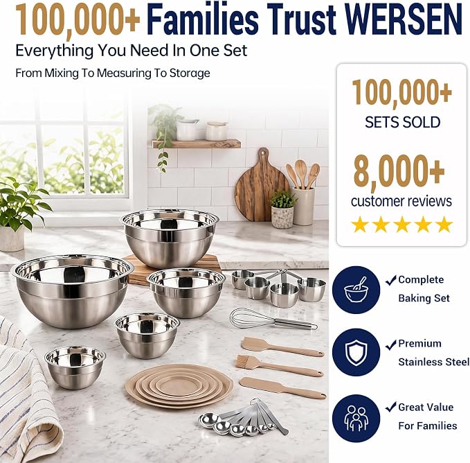 WEPSEN Mixing Bowls Set, 25PCS Khaki Mixing Bowls With Lids Set Stainless Steel Kitchen Large Nesting Metal Bowl 7QT to 1.5QT, Measuring Cups and Spoons for Prepping Cooking Serving - Image 2