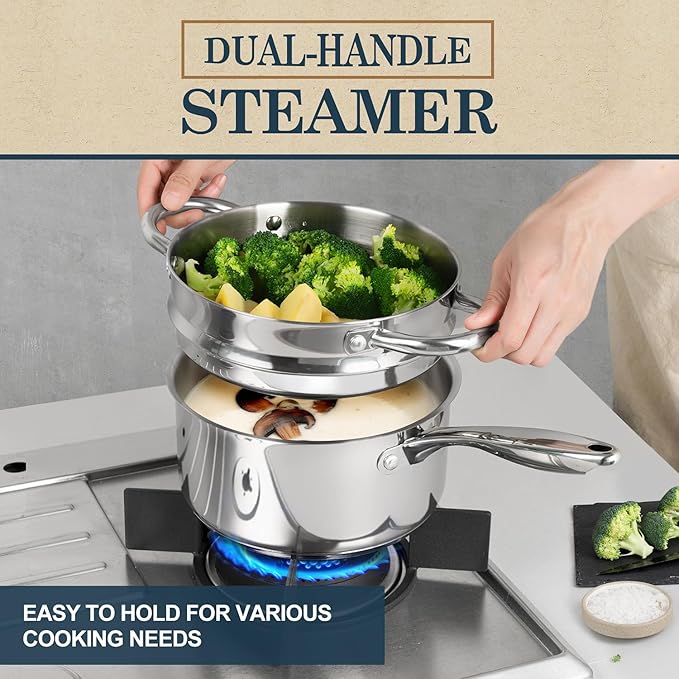 MICHELANGELO 3 Quart Saucepan with Lid & Steamer, Stainless Steel Sauce Pan with Triply Bottom, 3 QT Sauce Pot, Nonstick Saucepan Induction Compatible - Image 2