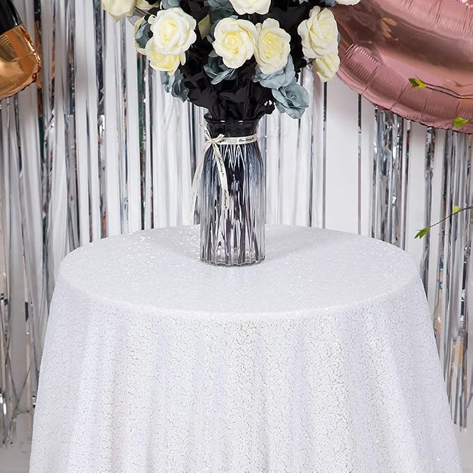 JYFLZQ White Sequin Tablecloth, Glitter Party Table Cover 120 Inch Round - Image 5