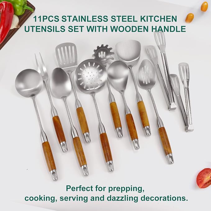 304 Stainless Steel Kitchen Utensils Set with Wooden Handle, 11 Pcs Long Heat Resistant Metal Cooking Utensils Set, Stainless Steel Cooking Utensils Set with Spatula, Turner, Solid and Slotted Spoon - Image 6