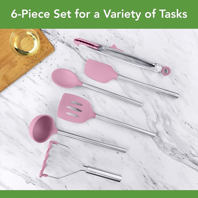 Tovolo Silicone Cooking Utensil Set of 6 Pink Sorbet Ladle Slotted Turner Tongs Flex Core Spatula Scraper Mixing Spoon and Potato Masher, Dishwasher Safe BPA Free Silicone Kitchen Utensils - Image 2