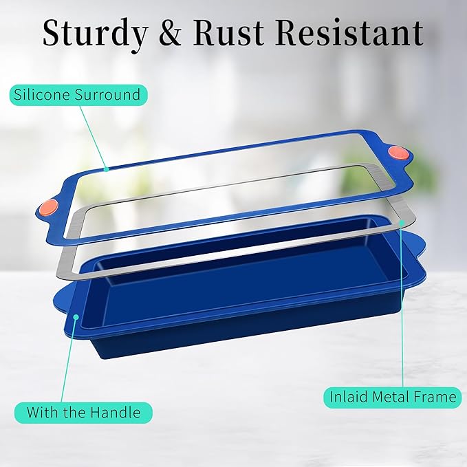 To encounter Silicone Baking Pans Set, 4 Pieces Nonstick Bakeware Set with Baking Pans, Baking Sheets, Cookie Sheets, Cake Pan with Grips and Metal Reinforced Frame More Strength, Navy Blue - Image 2