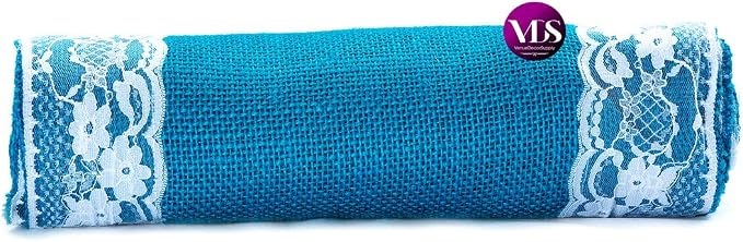 VDS Pack of 20, Burlap Table Runner with White Lace Edge, 100% Natural Jute Rustic Hessian Table Cloth Centerpiece for Wedding Birthday Party Banquet Table Decoration (Size 12X108 Inch)(Teal) - Image 4