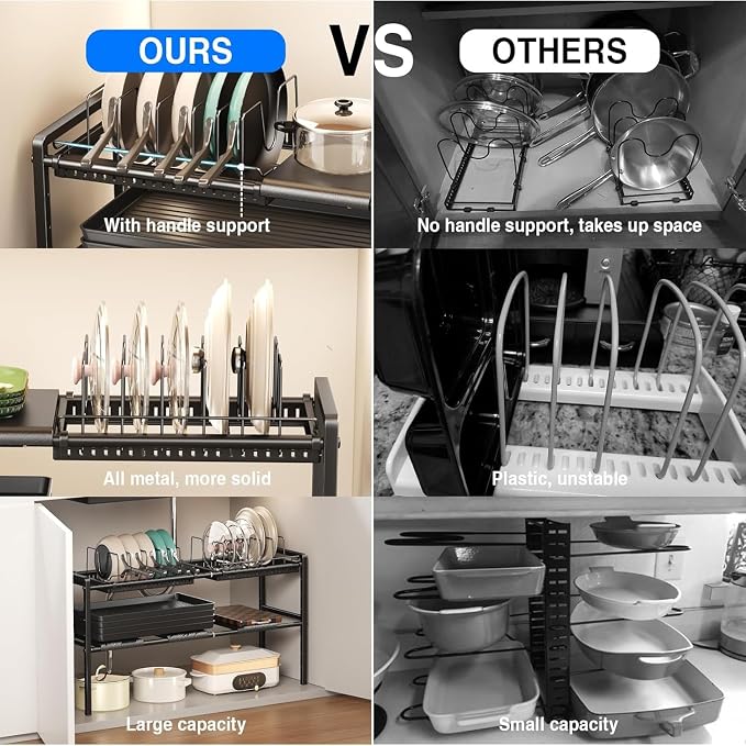 Mustorn Pots and Pans Organizer Under Cabinet, Expandable 1 Tier Under Sink Organizers and Storage Adjustable Height Kitchen Pot and Pan Lid Holder Rack with 6 Dividers Under Cabinet Shelf(Black) - Image 5