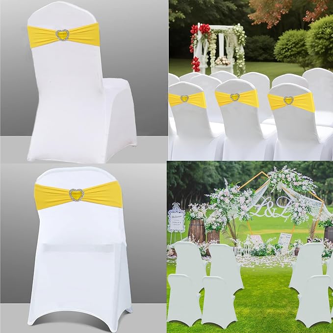 Yellow Chair Sashes 50 Pack Spandex Yellow Sashes for Chairs Covers Universal Stretch Chair Sashes Band with Heart Buckle Slider Sashes Bows for Wedding Banquet Party Decorations - Image 5