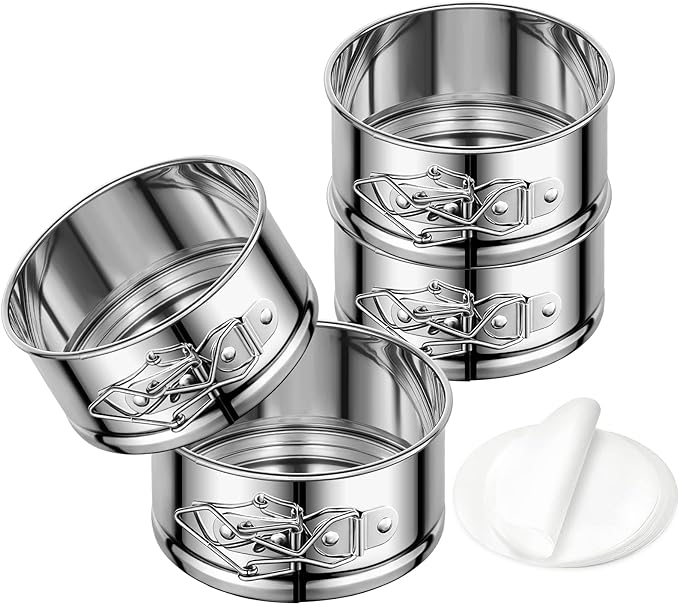4" Springform Cake Pan, 4 Pcs Stainless Steel Springform Pans with 50 Pcs Paper Liners, Leakproof & Nonstick Cheesecake Pan with Removable Bottom, Small Cake Pan for Mini Pizzas Quiches | Leakproof & Nonstick Cheesecake Pan, Easy Releasing, Small Cake ... by E-Gtong