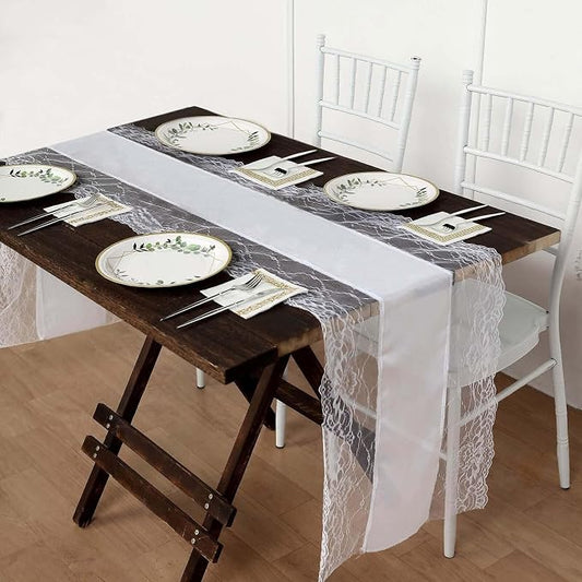 Efavormart 16"x108" White Faux Burlap Jute Lace Table Runner Boho Chic Rustic Decor by efavormart
