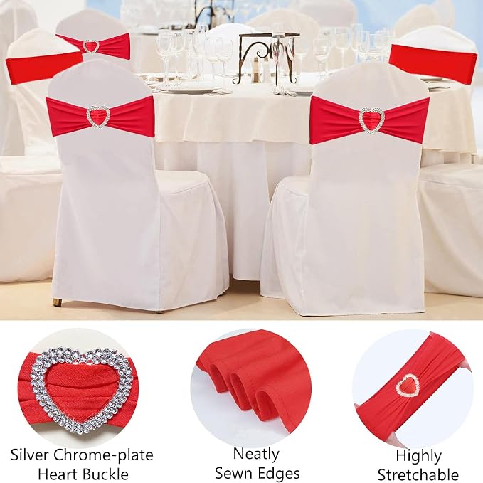 Red Chair Sashes for Wedding 25 Pack Spandex Red Sashes for Chairs Covers Stretch Chair Sashes Band with Heart Buckle Slider Universal Wedding Sasehs Bows for Banquet Party Decorations - Image 3