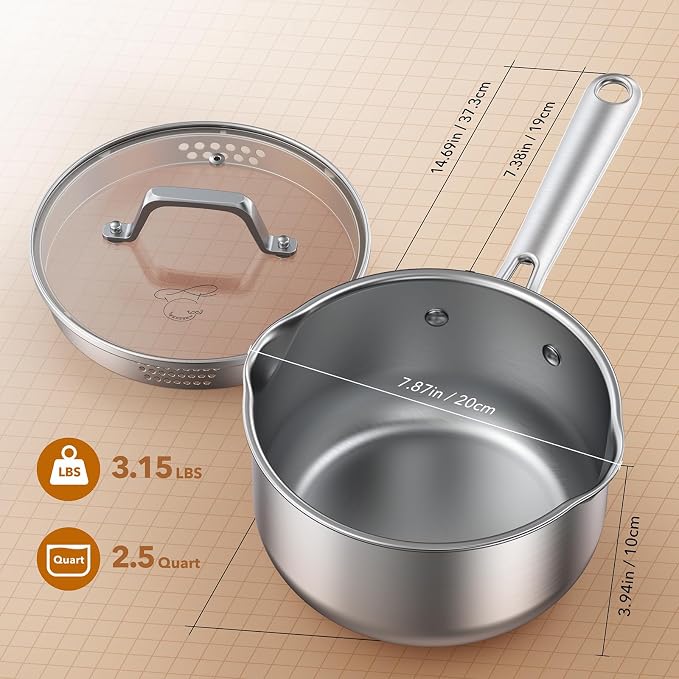 PekGema 2.5QT Saucepan w/Glass Strainer Lid, Tri-Ply Stainless Steel - Image 6
