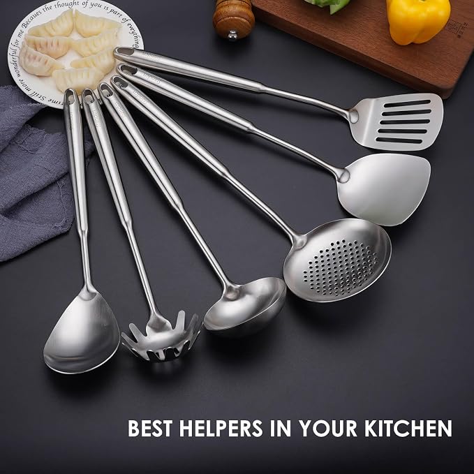 6 PCS All Metal Cooking Utensils Set - 18/10 Stainless Steel Kitchen Tools | Professional Cooking Spoons Set, 15" Spatula, Ladle, Skimmer Spoon, Pasta Serve, Large Spoon, Slotted Spatula Turner - Image 5