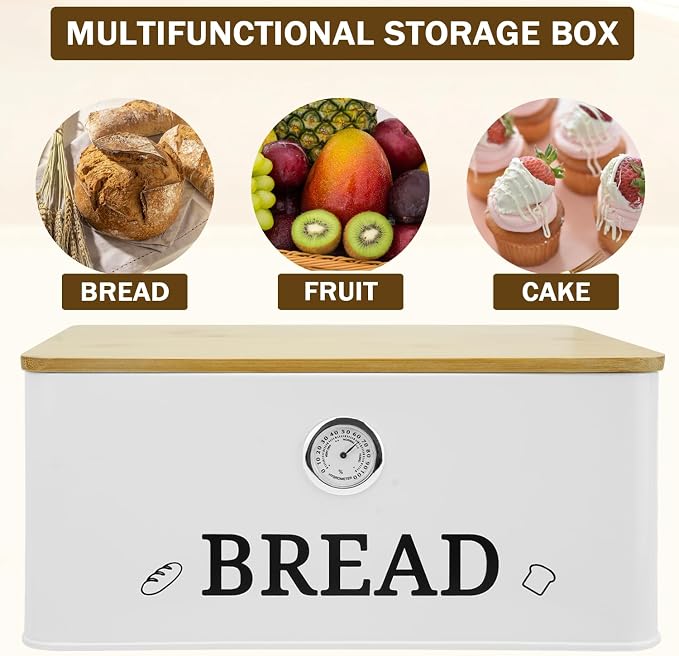 White Bread Box for Kitchen Countertop, Bamboo Lid with Hygrometer - Image 6