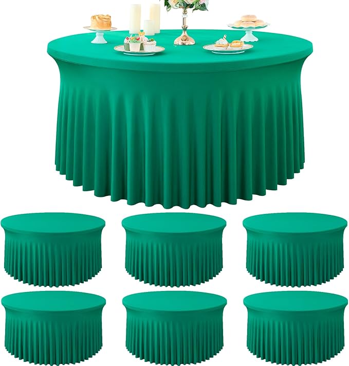 6 Pack Emerald Green Spandex Round Tablecloths Stretchy 120in Fitted 5FT Table Cloths Wrinkle Free Table Cover with Skirt for Wedding Party Dining Banquet by Htper