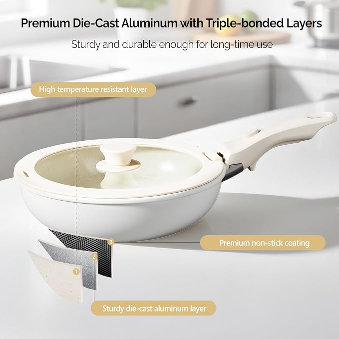 Bonnlo 19 Pcs Nonstick Pots and Pans Set with Lids, Kitchen Cookware Set with Detachable Handle Include Saucepan, Frying and Saute Pan, PFAS PFOA & PFOS Free, RV Induction, Aluminum, Cream White - Image 6