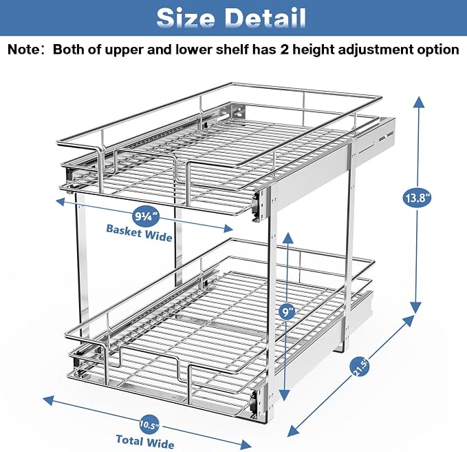 LOVMOR 2 Tier Individual Pull Out Cabinet Organizer 10½" W x 21½" D, Slide Out Kitchen Cabinet Storage Sliding Shelves - Image 3