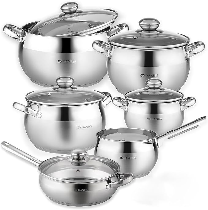 Daniks Classic 11-Piece Stainless Steel Cookware Set with Glass Lids, Includes Saucepan and Frying Pan with Lid, Tri-Ply Bases for Even Heating, Induction Compatible, Dishwasher Safe by Daniks