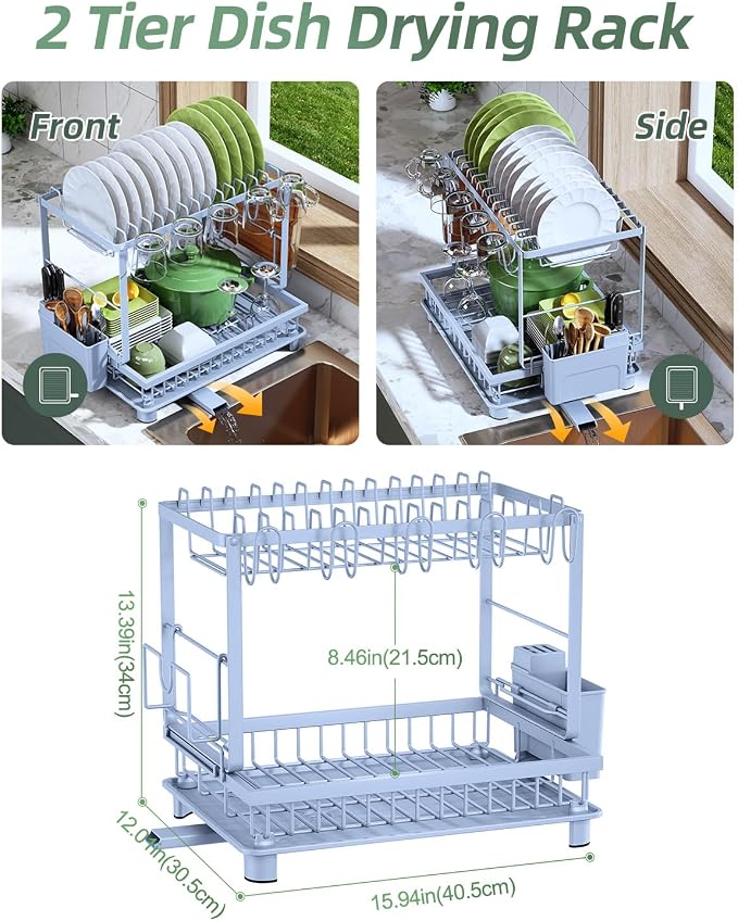 2-Tier Dish Drying Rack for Kitchen Counter, Space-Saving, Blue - Image 2