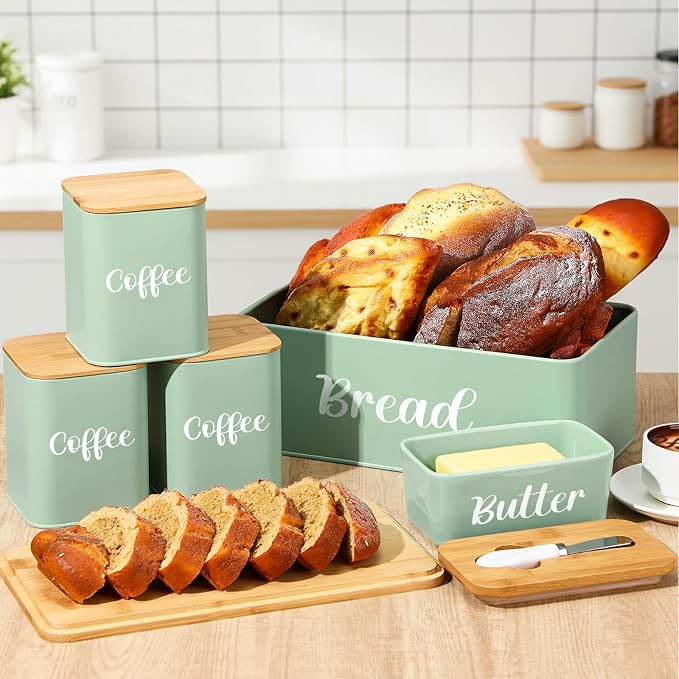 Domensi Metal Bread Box and Ceramic Butter Dish with 3 Airtight Kitchen Canisters Farmhouse Storage Canister Set for Kitchen with Bamboo Cutting Board Lid and Stainless Steel Butter Knife (Green) - Image 4