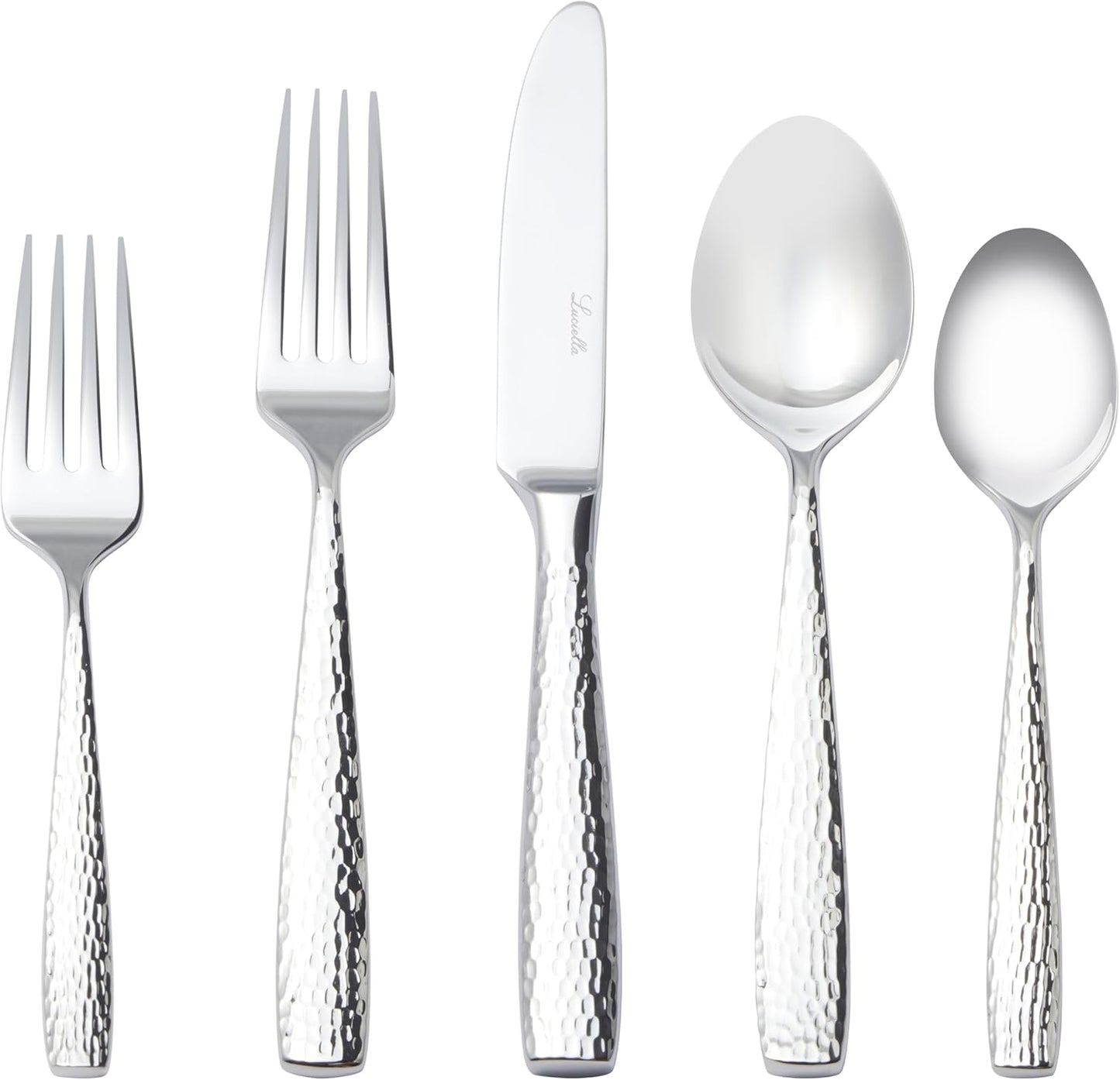 Luciella Ponza Flatware Set for 12, 65-Piece Stainless Steel Silverware Set with Serving Utensils, Timeless Hammered Design, Rust-Resistant, Mirror Polished & Dishwasher Safe