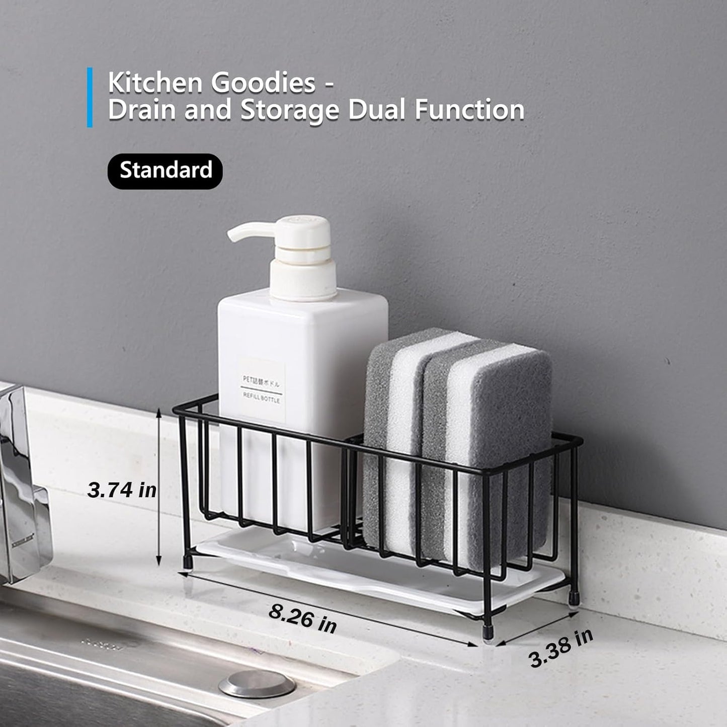 Kavciva Sink Caddy Sponge Holder,304 Stainless Steel Dish Brush Holder,Kitchen Countertop Sink Rack,Dish Soap Holder,Dishwashing Tool Drying Tray with Adjustable Partitions,Essential Kitchen Shelves