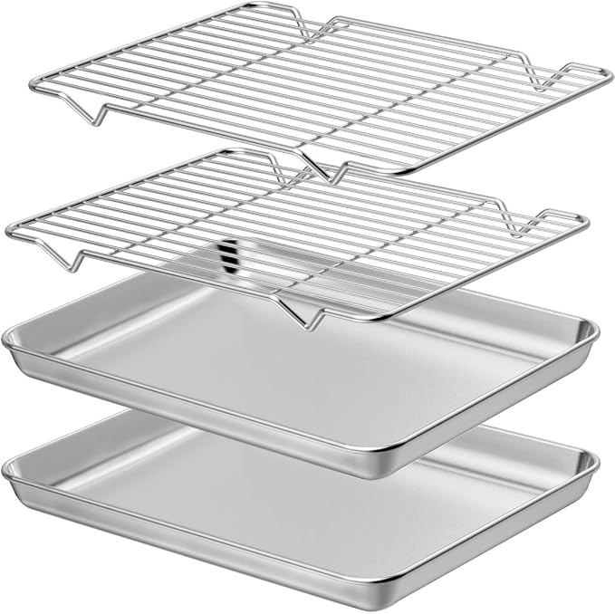 Wildone Baking Sheet with Rack Set [2 Sheets + 2 Racks], Stainless Steel Cookie Pan baking Tray with Cooling Rack, Size 10 x 8 x 1 Inch, Non Toxic & Heavy Duty & Easy Clean by Wildone