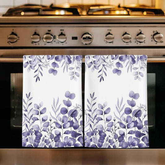 Purple Eucalyptus Kitchen Towels Set of 2, Absorbent Dish Towels for Kitchen, Botanical Summer Leaves Country Floral Microfiber Hand Towel, Quick Drying Tea Towel for Cleaning Decorative Dishcloths by Unknown
