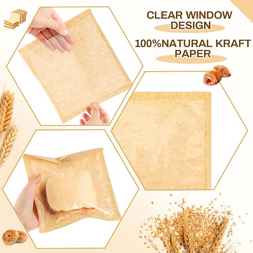 Outus 50 Pcs Cookie Packaging Bags with Seal, 7.1 x 7.5 Inch, Brown | Bakery Pastry Bags with Window, Heat Sealable Grease Resistant Paper to Go Bake Sleeves for Gift Giving Donut Bread Sandwich - Image 3