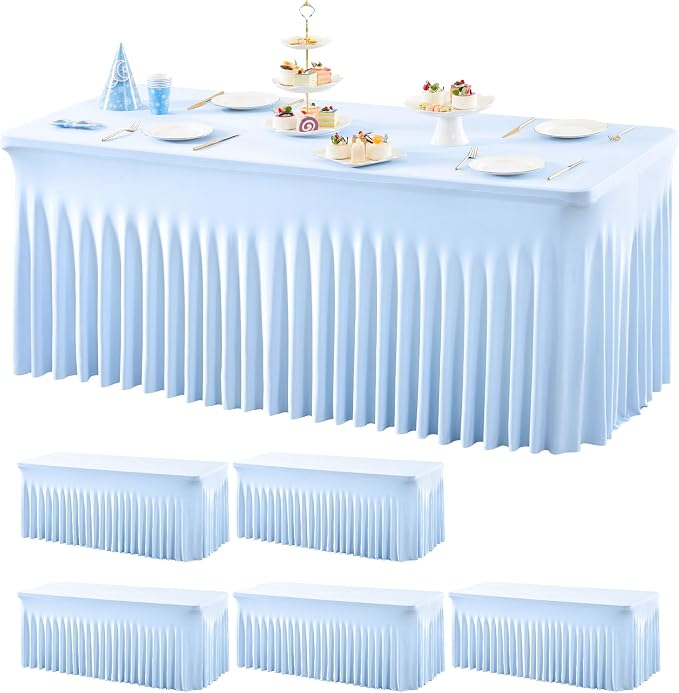 Wish Care 6 Pack Baby Blue Stretch Spandex Table Clothes for 4 Foot Rectangle Tables, 4FT Wrinkle Free Fitted Tablecloths Ruffles Design Table Cover for Party, Banquet, Wedding and Events by WishCare