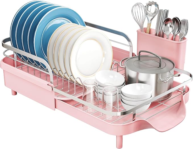 SNTD Expandable Dish Drying Rack for Kitchen Counter, 15.2-22.1 in, Pink - Image 7